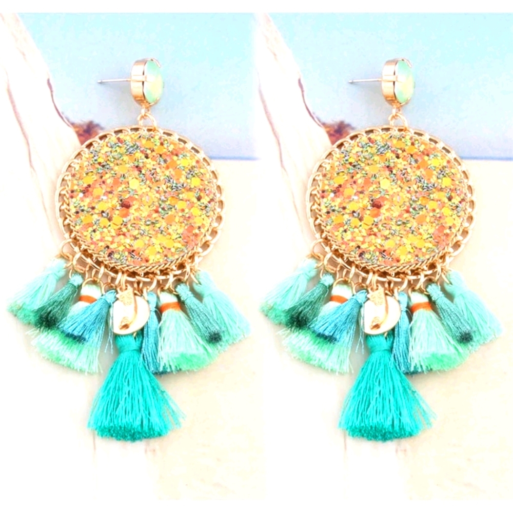 Aqua Boho Fringed Tassel Earrings
